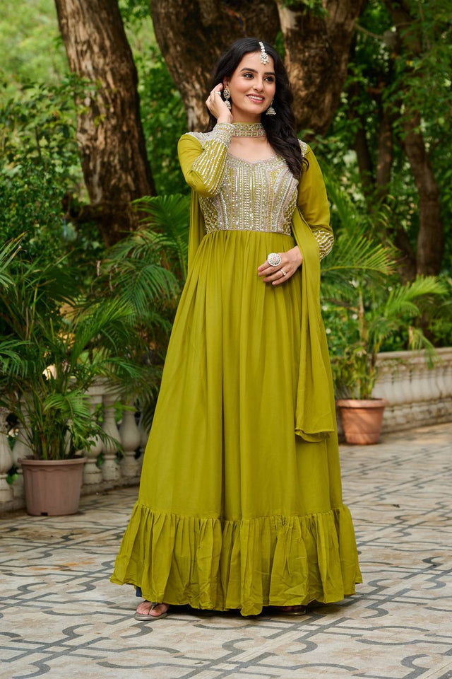 Green Sequin With Embroidered Georgette Gown