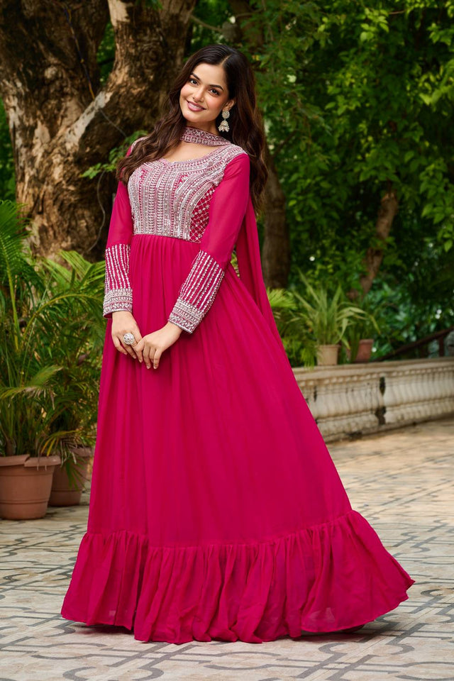 Pink Sequin With Embroidered Georgette Gown