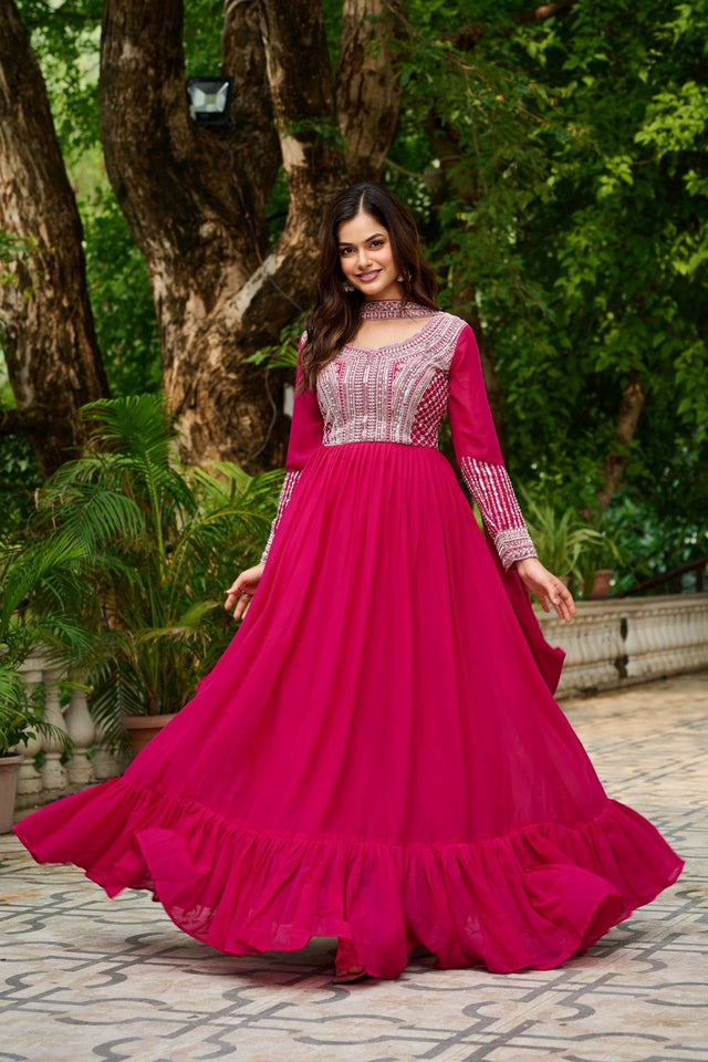 Pink Sequin With Embroidered Georgette Gown