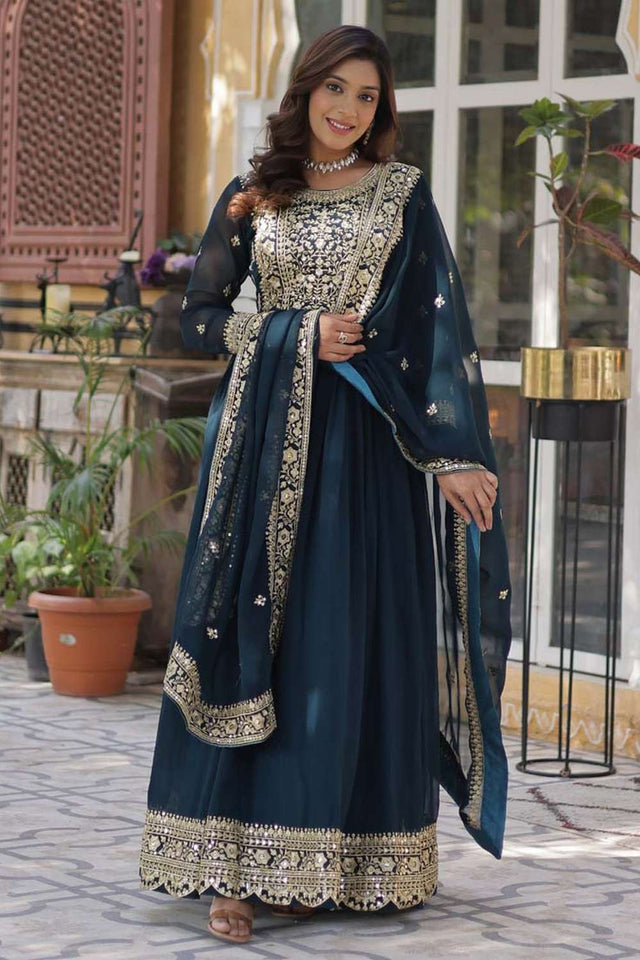 Light-Blue Embroidered Georgette Gown