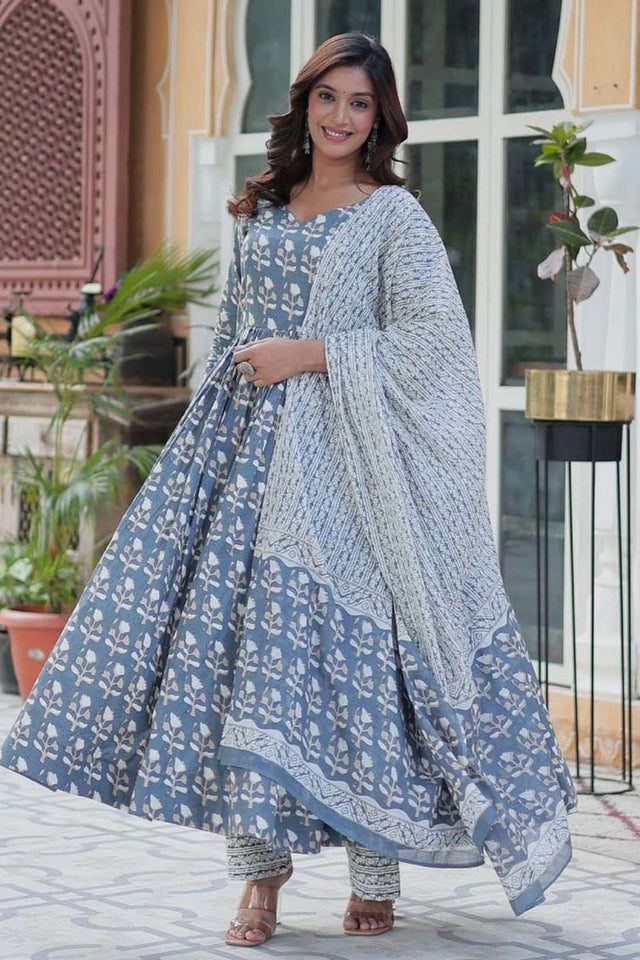 Grey Floral Printed Cotton Anarkali