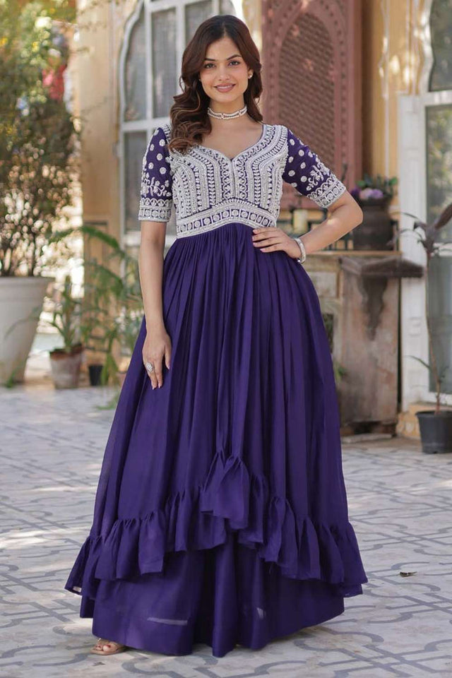 Navy Blue Embroidered Georgette Gown
