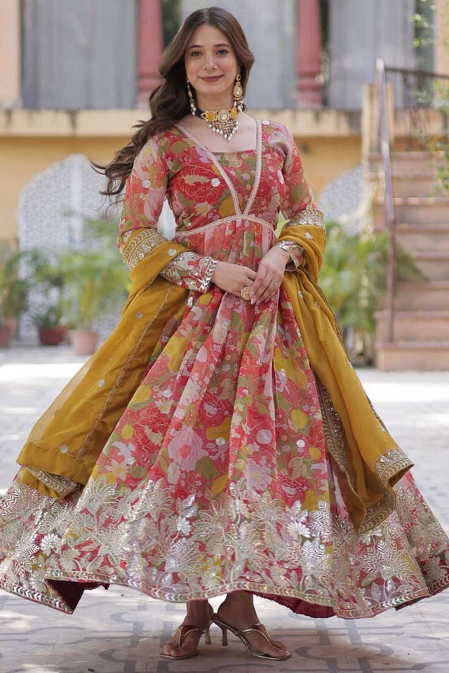 Red Floral Printed Silk Gown