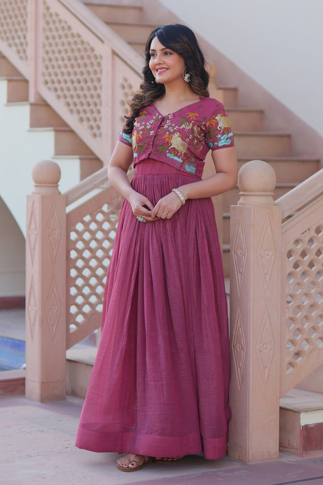 Pink Embroidered Silk Gown