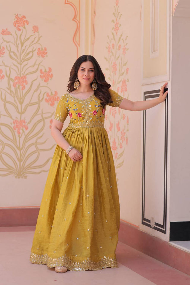 Yellow Embroidered Silk Gown