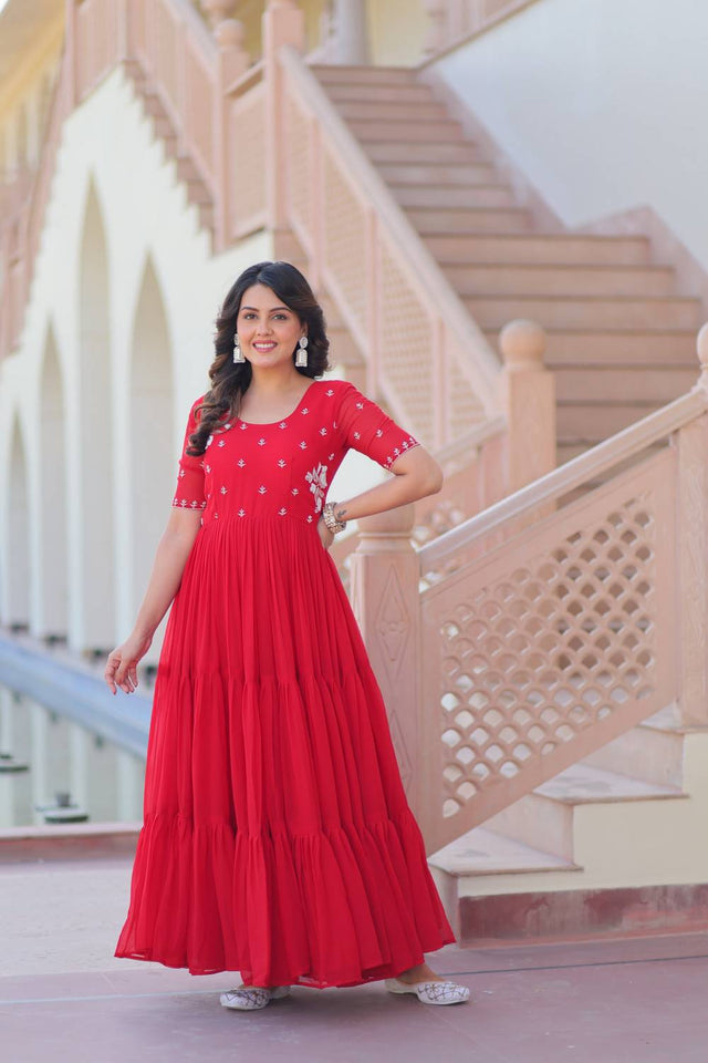 Red Embroidered Georgette Gown