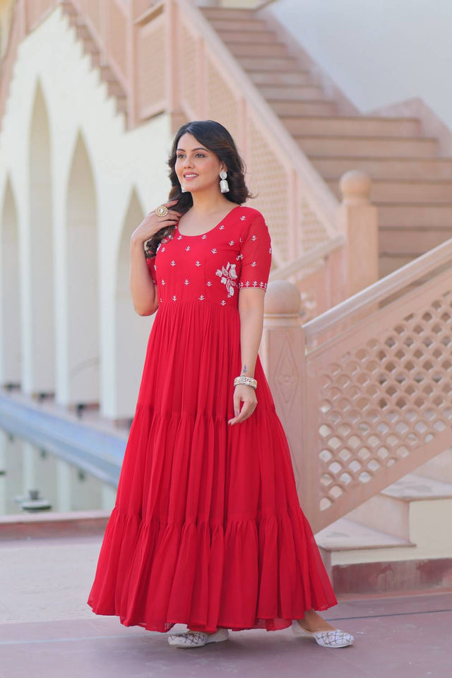 Red Embroidered Georgette Gown