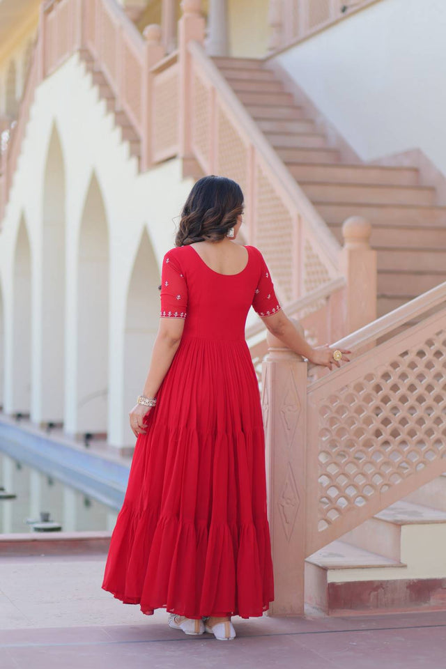 Red Embroidered Georgette Gown