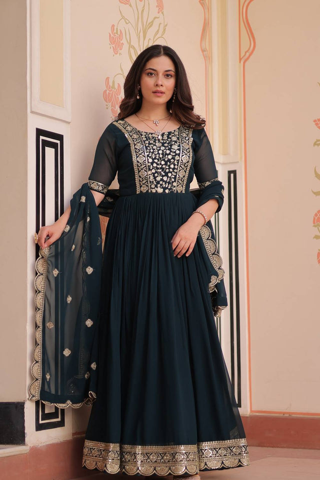 Turquoise Embroidered Georgette Gown