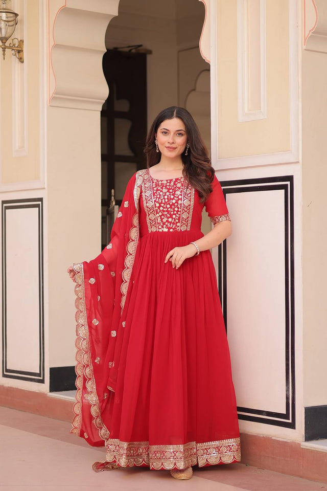 Red Embroidered Georgette Gown