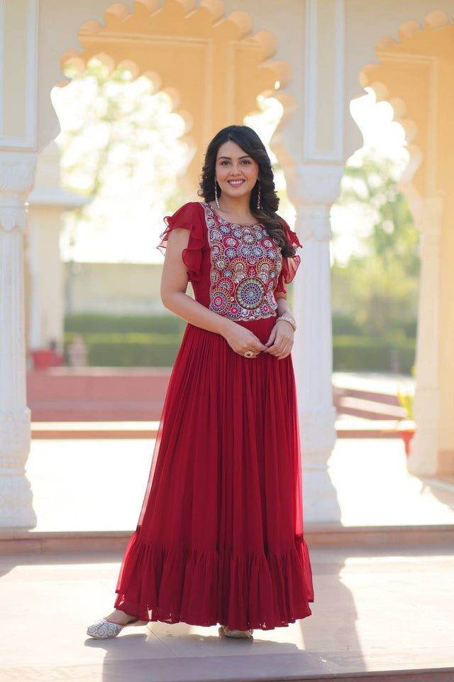 Maroon Embroidered Georgette Gown