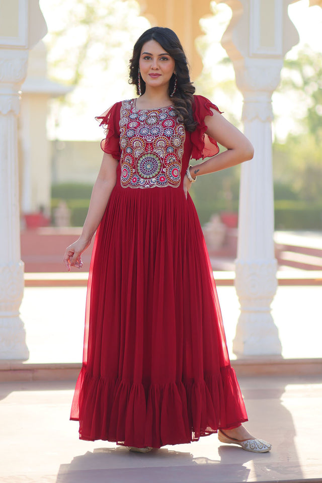 Maroon Embroidered Georgette Gown
