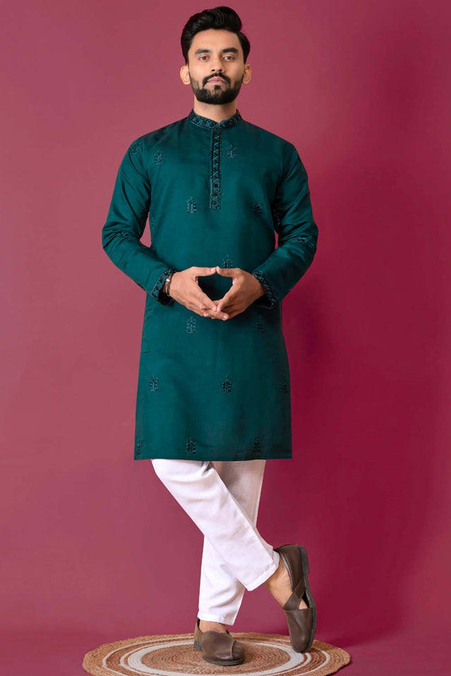 Green Embroidered Silk Kurta Pajama Set