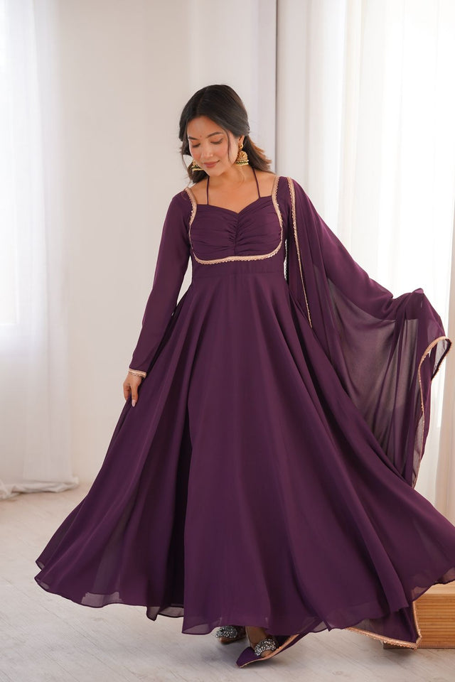 Wine Solid Georgette Anarkali Suit (KB-291-Wine)