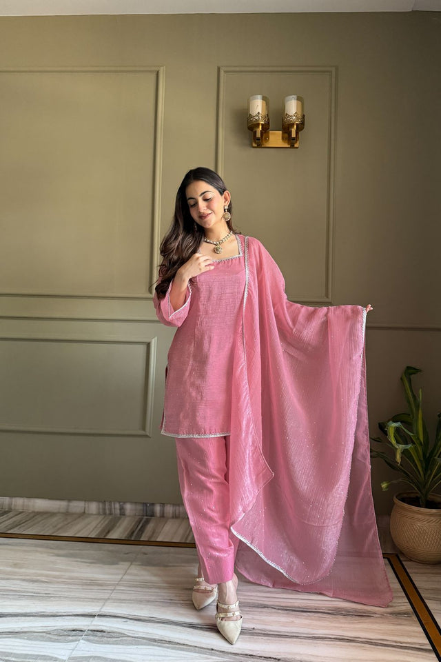 Pink Embroidered Silk Kurti Pant Set (KB-297- Pink )