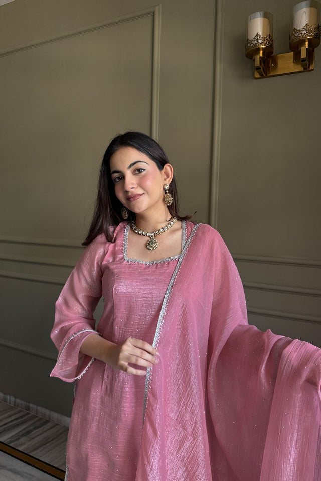 Pink Embroidered Silk Kurti Pant Set (KB-297- Pink )