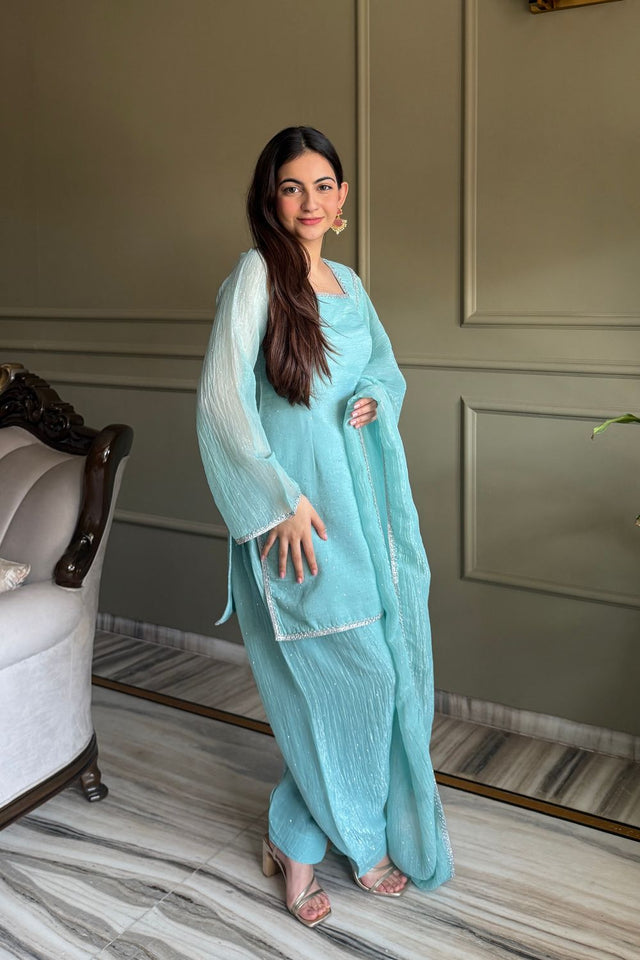 Blue Embroidered Silk Kurti Pant Set (KB-297- Sky)