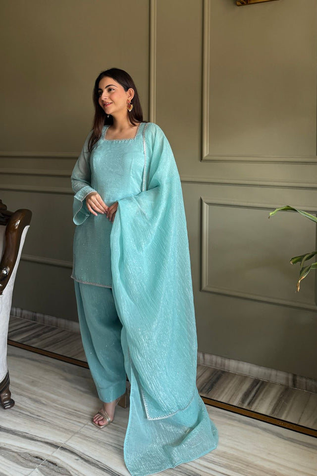 Blue Embroidered Silk Kurti Pant Set (KB-297- Sky)