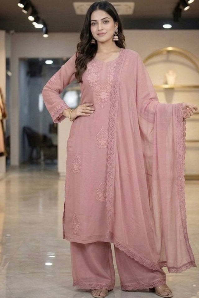 Pink Embroidered Georgette Kurti Palazzo Set (KC001-LIGHTPINK)