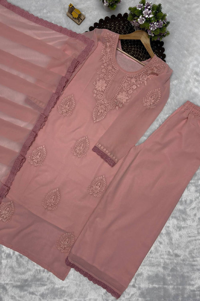 Pink Embroidered Georgette Kurti Palazzo Set (KC001-LIGHTPINK)