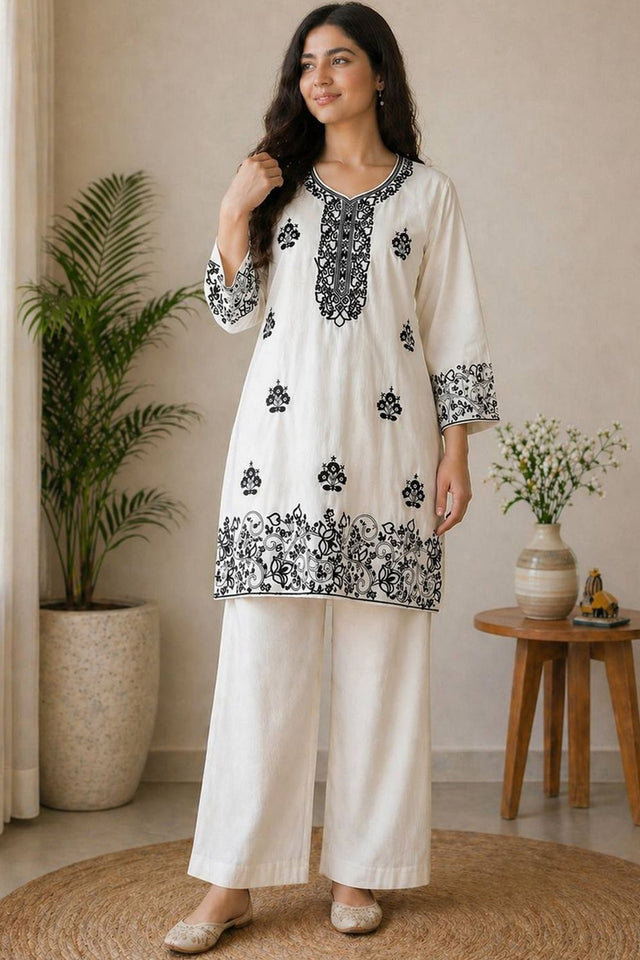 Cream Floral Embroidered Rayon Kurti Palazzo Set (KC002-BLACK)