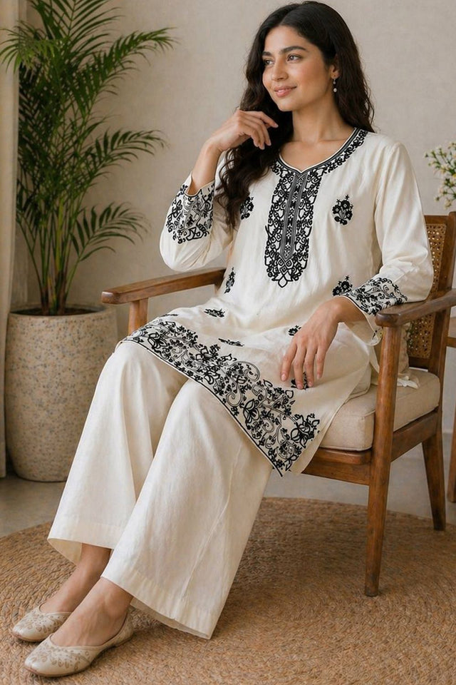 Cream Floral Embroidered Rayon Kurti Palazzo Set (KC002-BLACK)