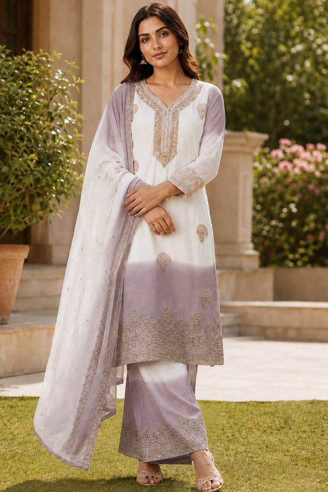 Lavender Embroidered Georgette Kurti Palazzo Set (KC003-LAVENDER)
