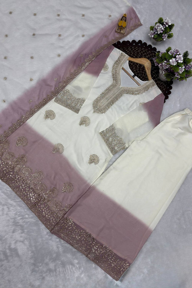 Lavender Embroidered Georgette Kurti Palazzo Set (KC003-LAVENDER)