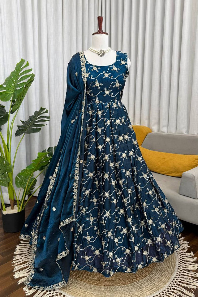 Blue Floral Embroidered Art Silk Anarkali Suit (KD-1534-blue)