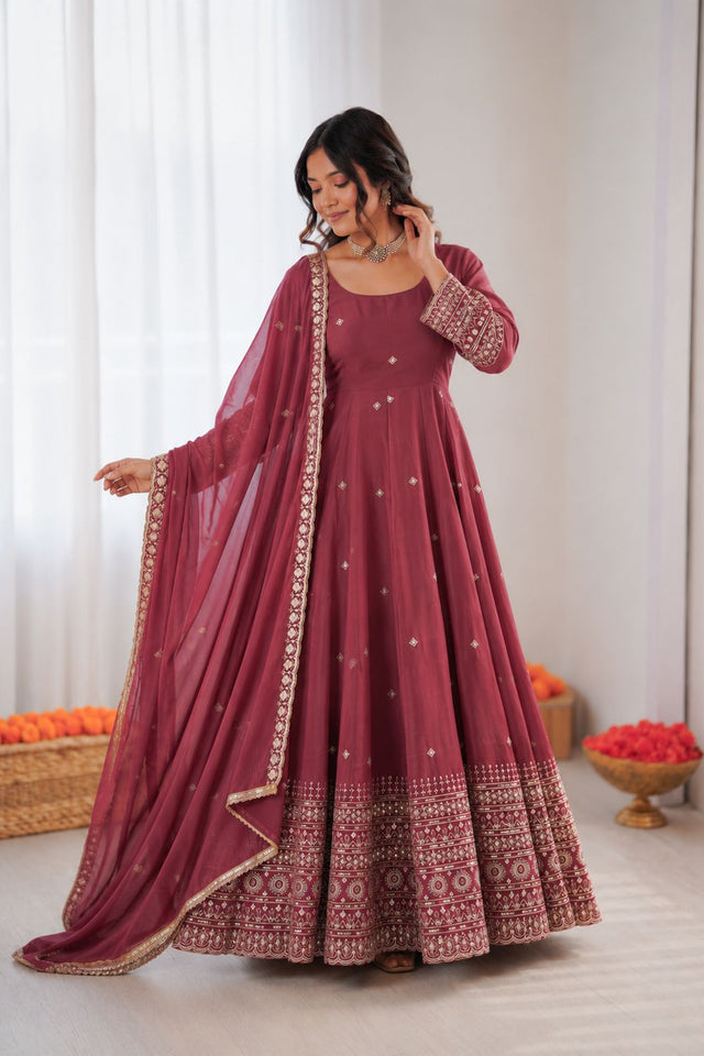 Pink Embroidered Chanderi Anarkali Suit (KD-1589)