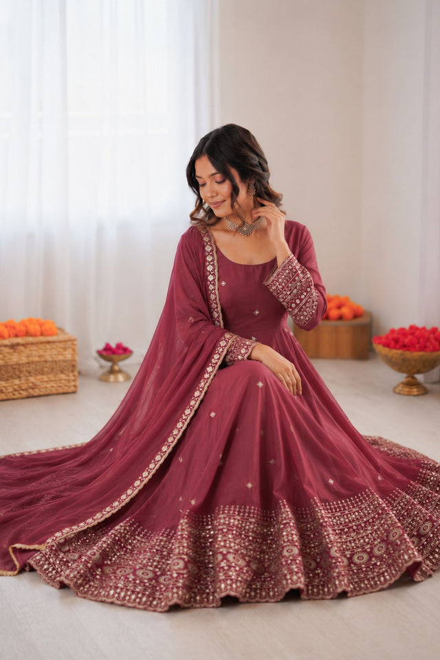 Pink Embroidered Chanderi Anarkali Suit (KD-1589)