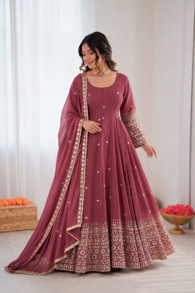 Pink Embroidered Chanderi Anarkali Suit (KD-1589)
