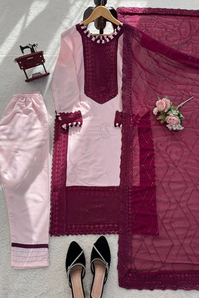 Light Pink Embroidered Crepe Straight Cut Suit (KD-1593)
