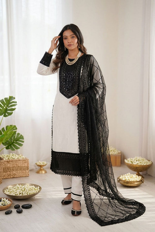 Off White Embroidered Crepe Straight Cut Suit (KD-1593-off white)