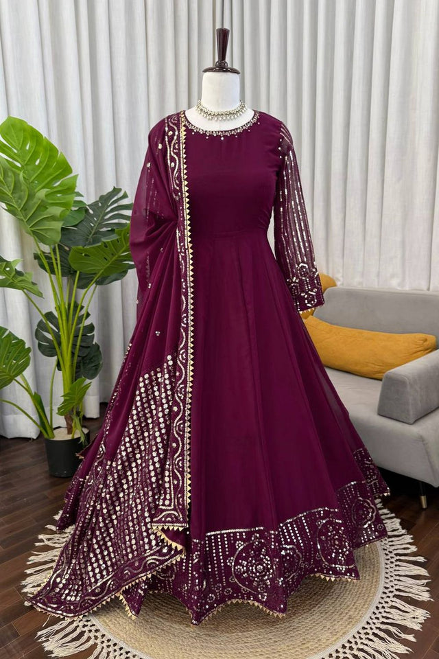 Wine Embroidered Georgette Anarkali Suit (KD-1596)