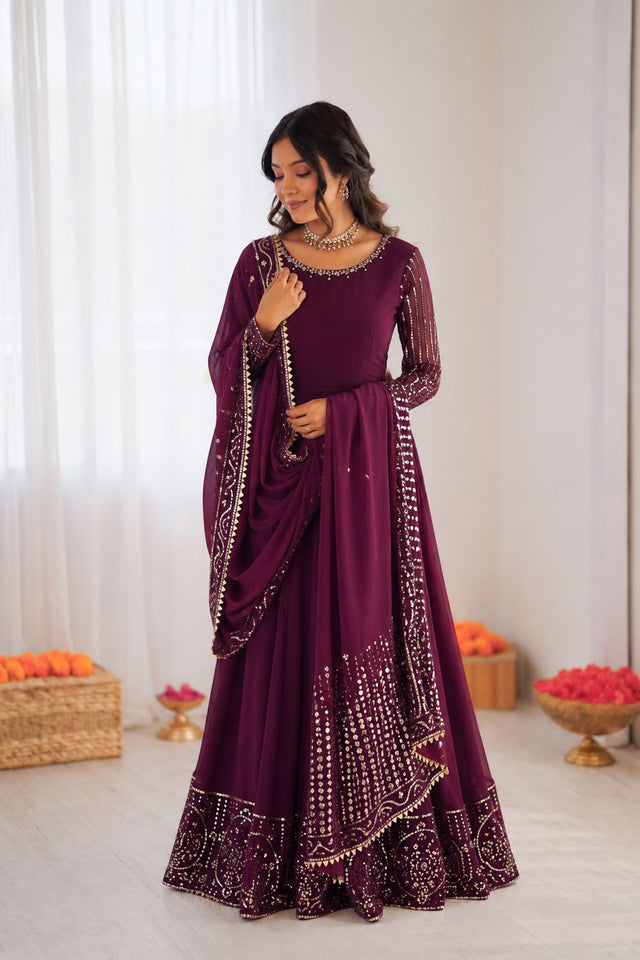 Wine Embroidered Georgette Anarkali Suit (KD-1596)