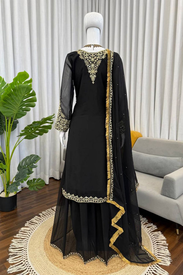 Black Floral Embroidered Georgette Sharara Suit (KD-1599-black)