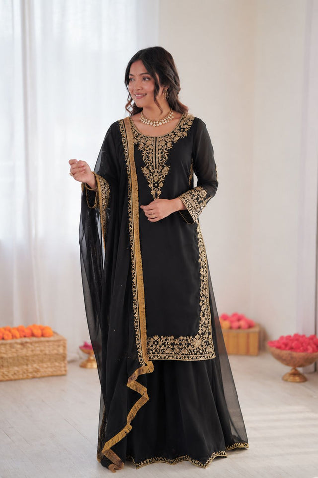 Black Floral Embroidered Georgette Sharara Suit (KD-1599-black)