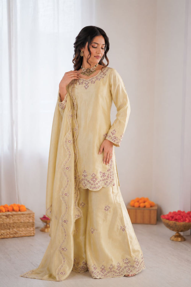 Cream Floral Embroidered Art Silk Palazzo Suit (KD-1600-cream)