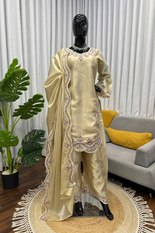 Cream Floral Embroidered Art Silk Palazzo Suit (KD-1600-cream)