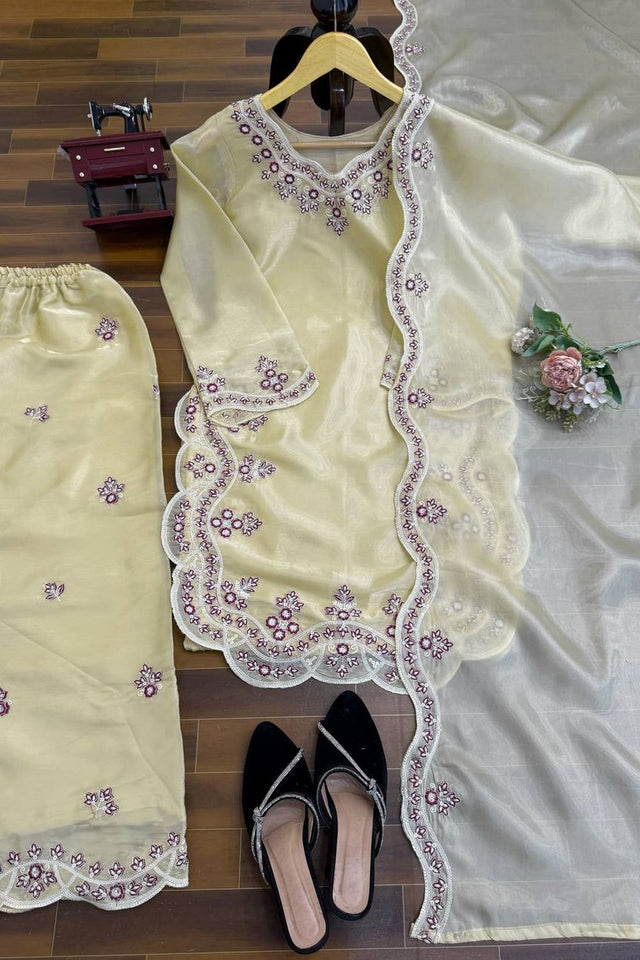 Cream Floral Embroidered Art Silk Palazzo Suit (KD-1600-cream)