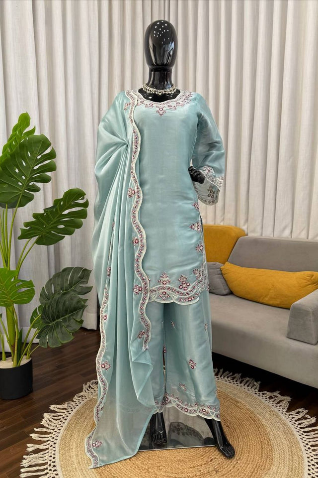 Blue Floral Embroidered Art Silk Palazzo Suit (KD-1600-light sky blue)