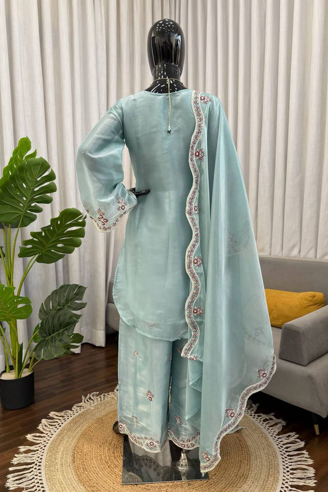 Blue Floral Embroidered Art Silk Palazzo Suit (KD-1600-light sky blue)