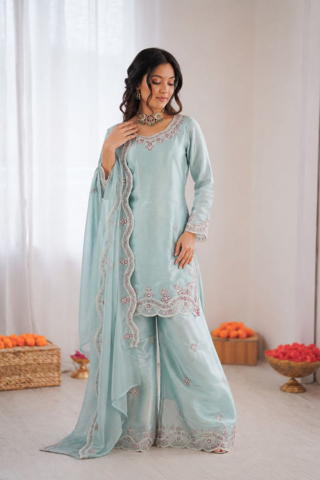 Blue Floral Embroidered Art Silk Palazzo Suit (KD-1600-light sky blue)