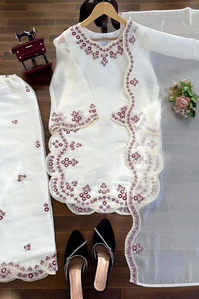 Off White Floral Embroidered Art Silk Palazzo Suit (KD-1600-off white)