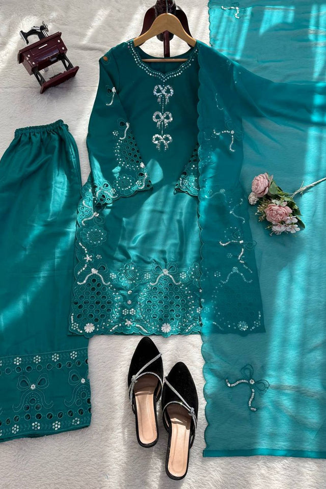 Turquoise Floral Embroidered Crepe Straight Cut Suit (KD-1603)