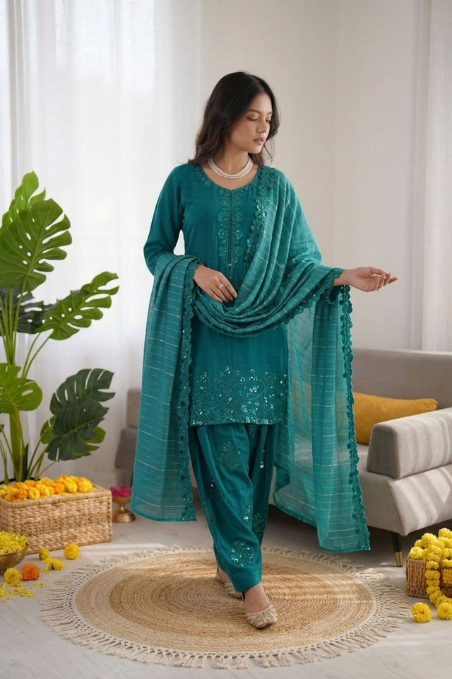 Orange Floral Embroidered Art Silk Sharara Suit (KD-1604)