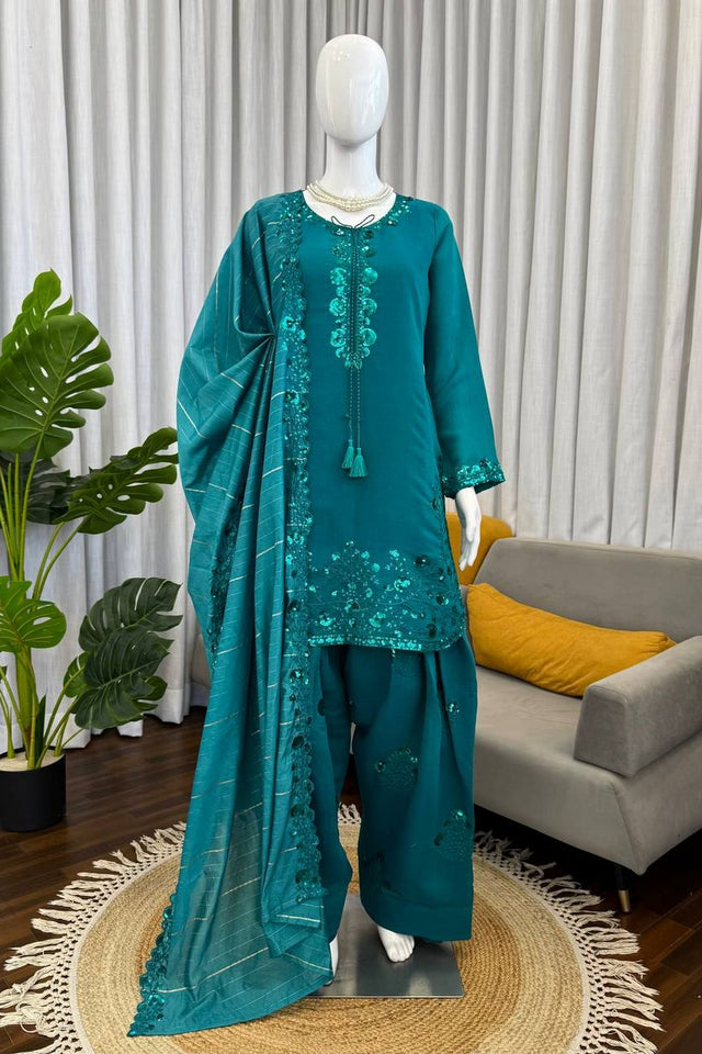 Orange Floral Embroidered Art Silk Sharara Suit (KD-1604)