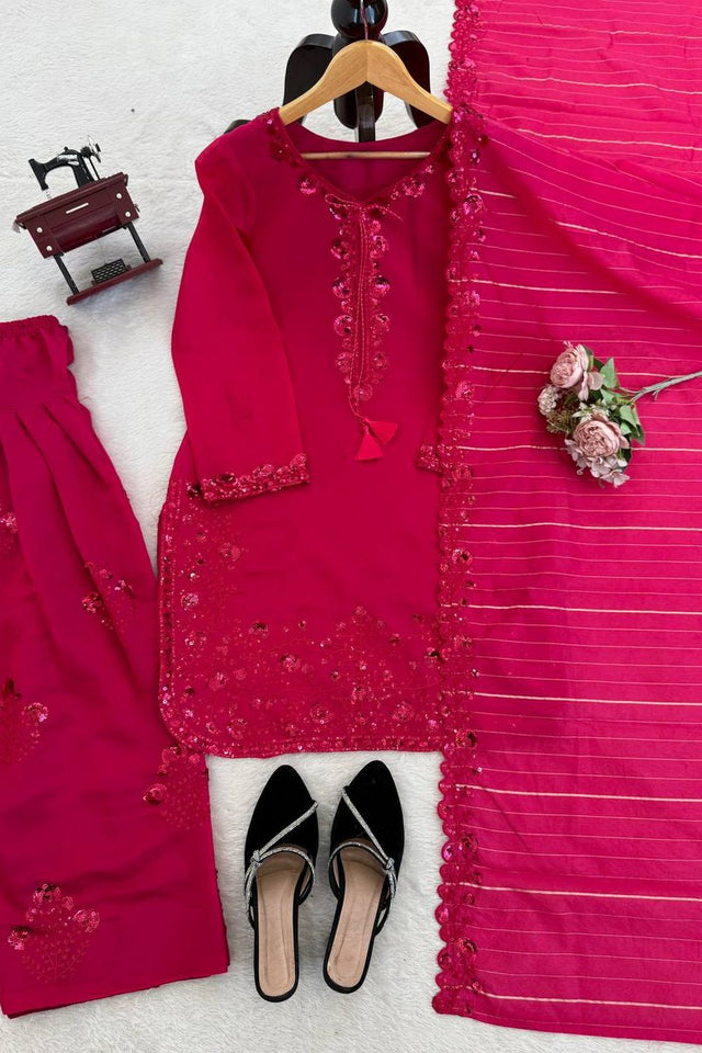 Pink Floral Embroidered Chanderi Straight Cut Suit (KD-1604-pink)