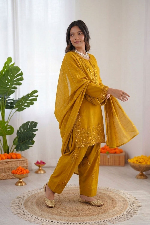 Yellow Floral Embroidered Chanderi Straight Cut Suit (KD-1604-yellow)